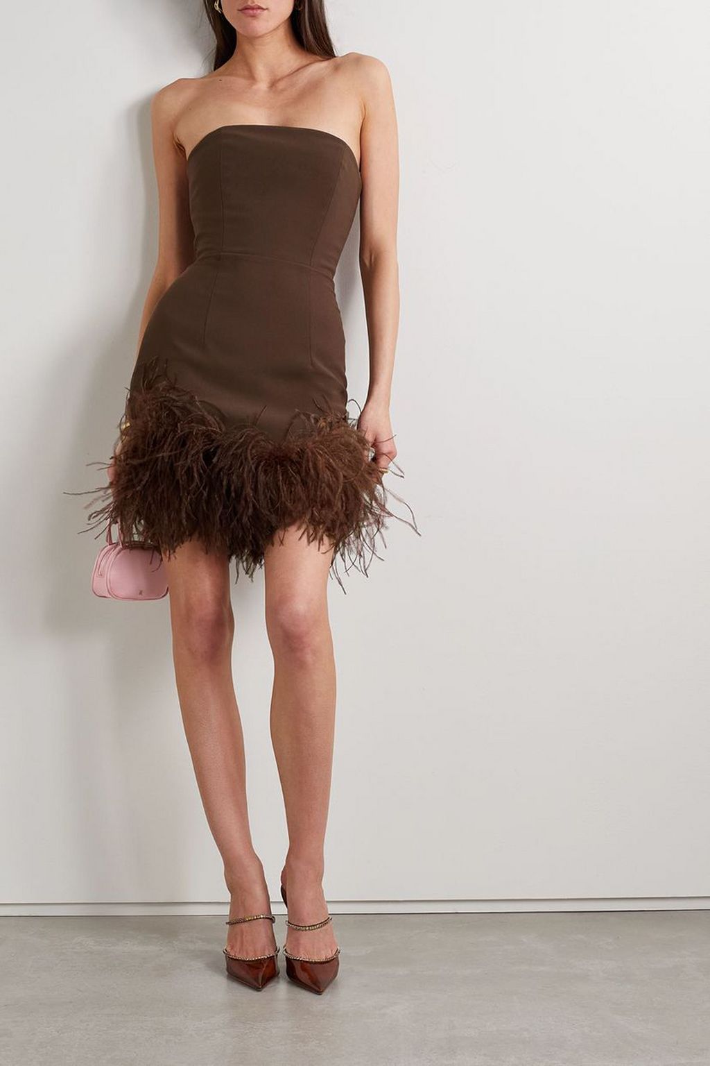 16ARLINGTON Strapless feather-embellished crepe mini dress