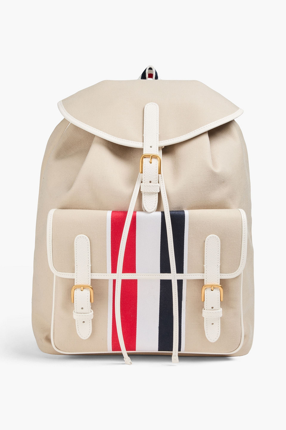 thom browne - leather-trimmed striped canvas backpack - neutral - onesize