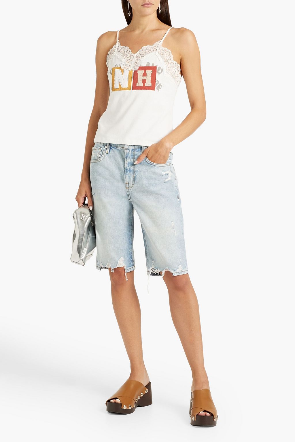 CONNER IVES Lace-trimmed appliquéd printed cotton-jersey camisole