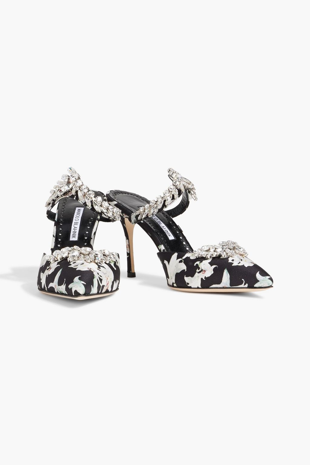 MANOLO BLAHNIK Lurum 90 crystal-embellished floral-print faille mules