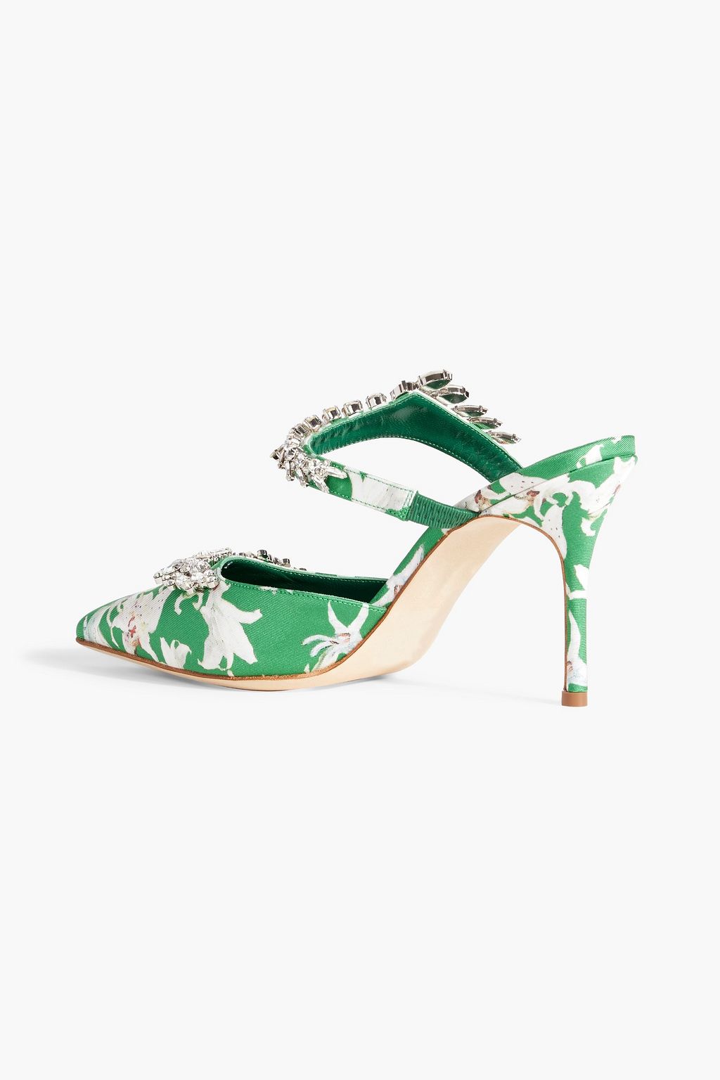 MANOLO BLAHNIK Lurum 90 crystal-embellished floral-print faille mules