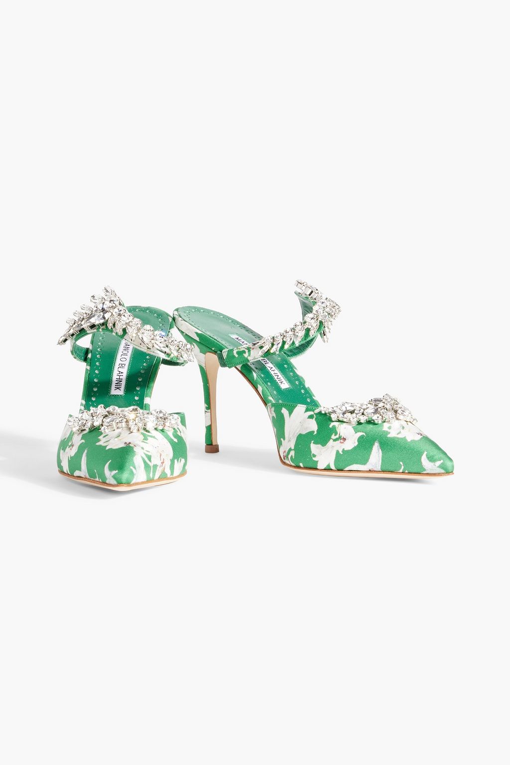 MANOLO BLAHNIK Lurum 90 crystal-embellished floral-print faille mules