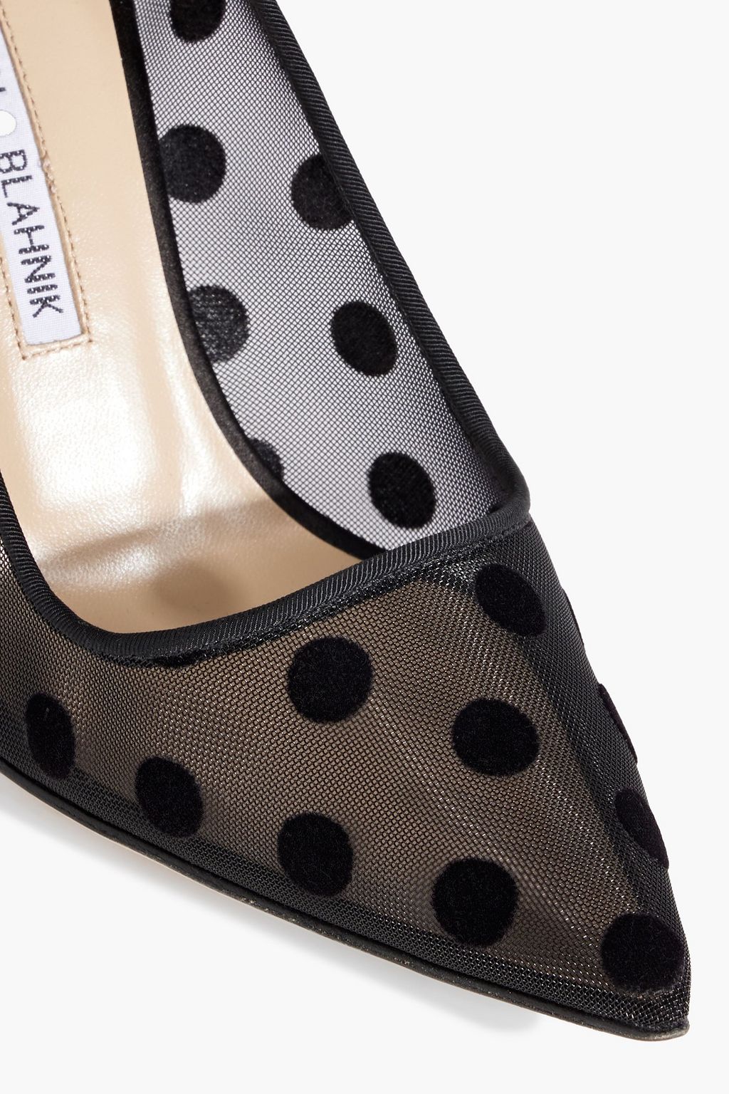 MANOLO BLAHNIK BBLA 90 satin-trimmed polka-dot flocked mesh pumps