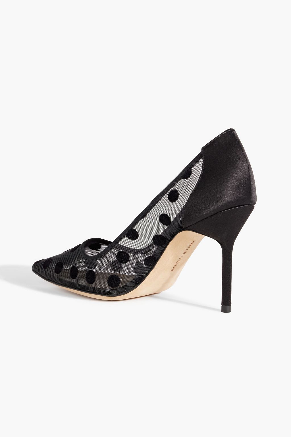 MANOLO BLAHNIK BBLA 90 satin-trimmed polka-dot flocked mesh pumps