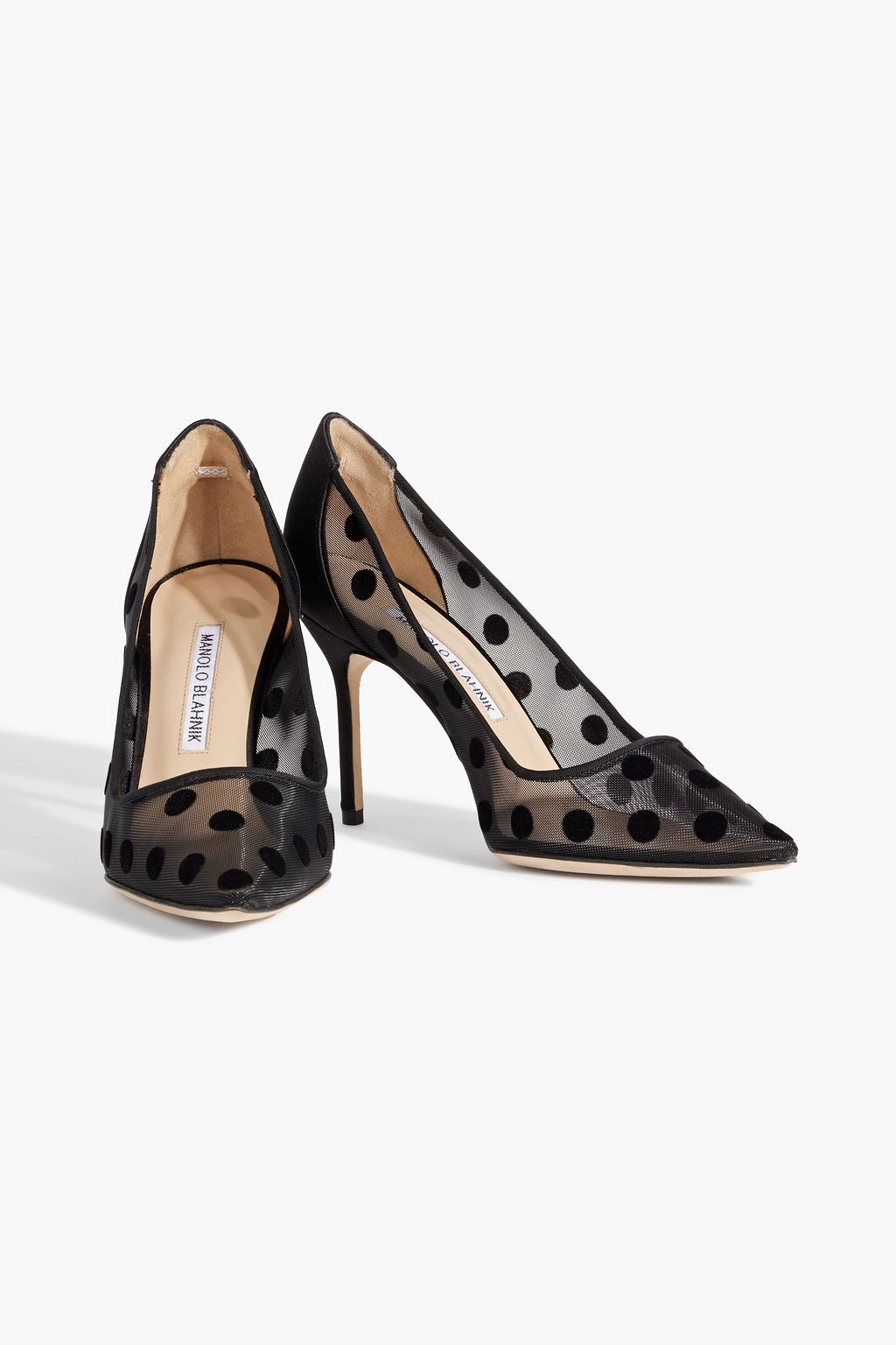 MANOLO BLAHNIK BBLA 90 satin-trimmed polka-dot flocked mesh pumps