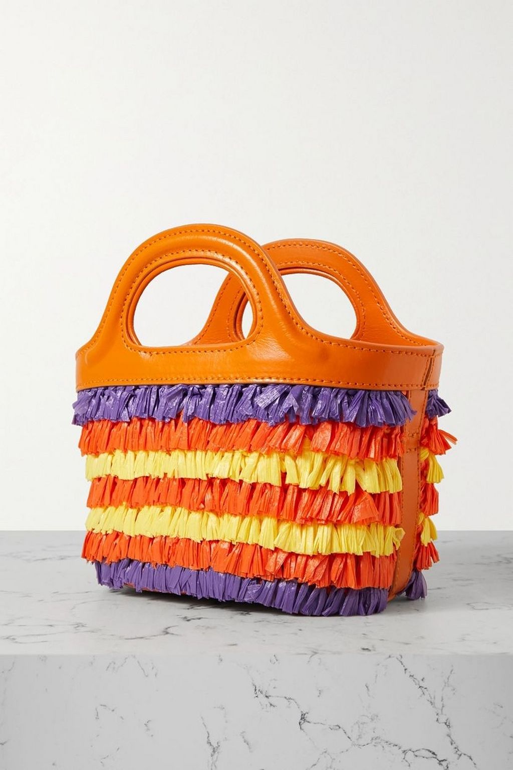 MARNI Tropicalia micro leather-trimmed fringed faux raffia tote
