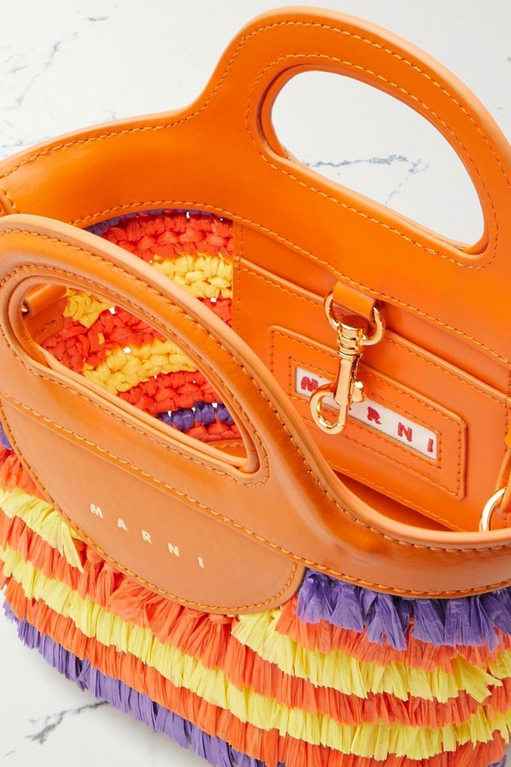 MARNI Tropicalia micro leather-trimmed fringed faux raffia tote