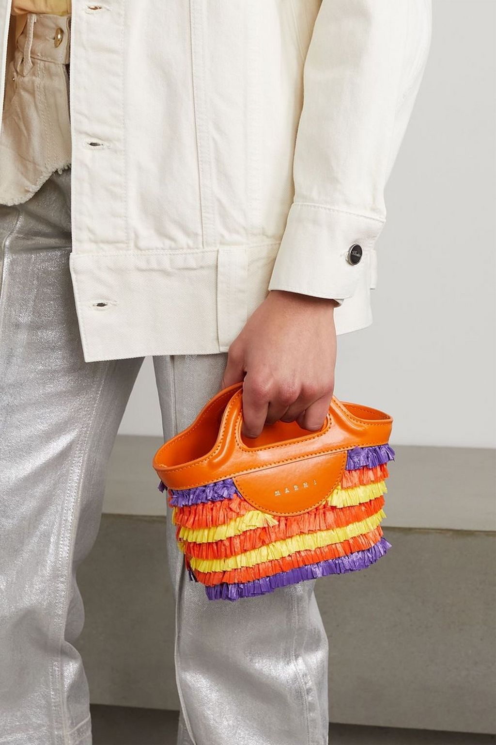 MARNI Tropicalia micro leather-trimmed fringed faux raffia tote