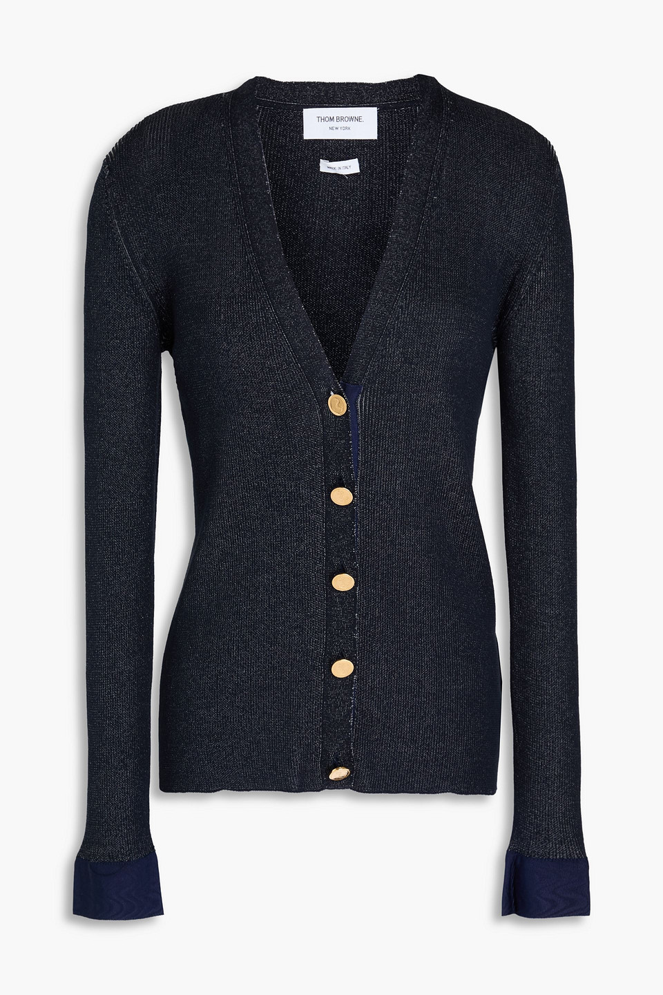 Thom Browne Marled Ribbed Silk Cardigan In Navy