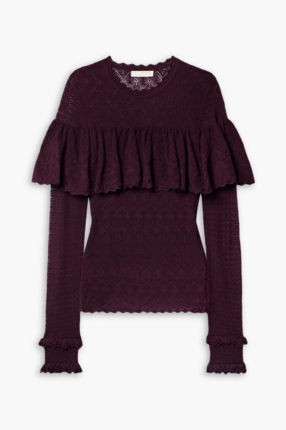 Ulla Johnson Augustina Ruffled Pointelle-knit Wool Sweater In Plum