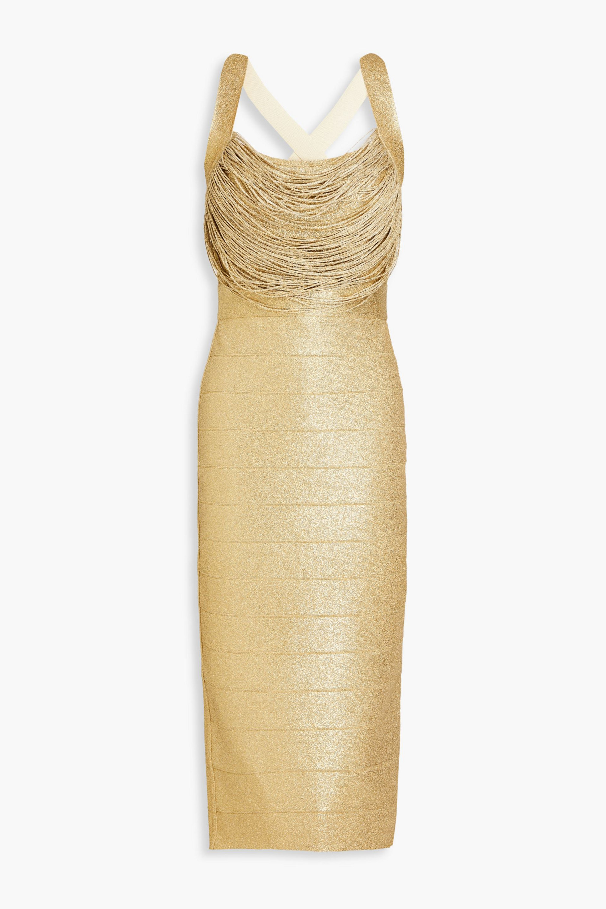 Herve Leger Fringed metallic bandage midi dress thumbnail