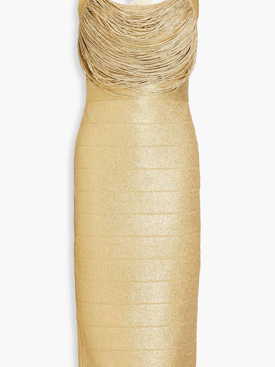 fringed metallic bandage midi dress