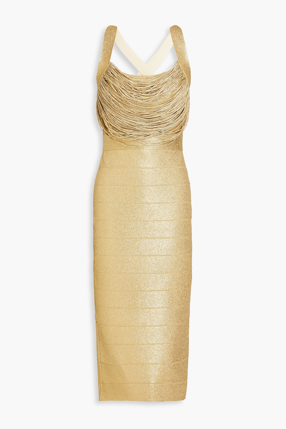 Hervé Léger Fringed metallic bandage midi dress