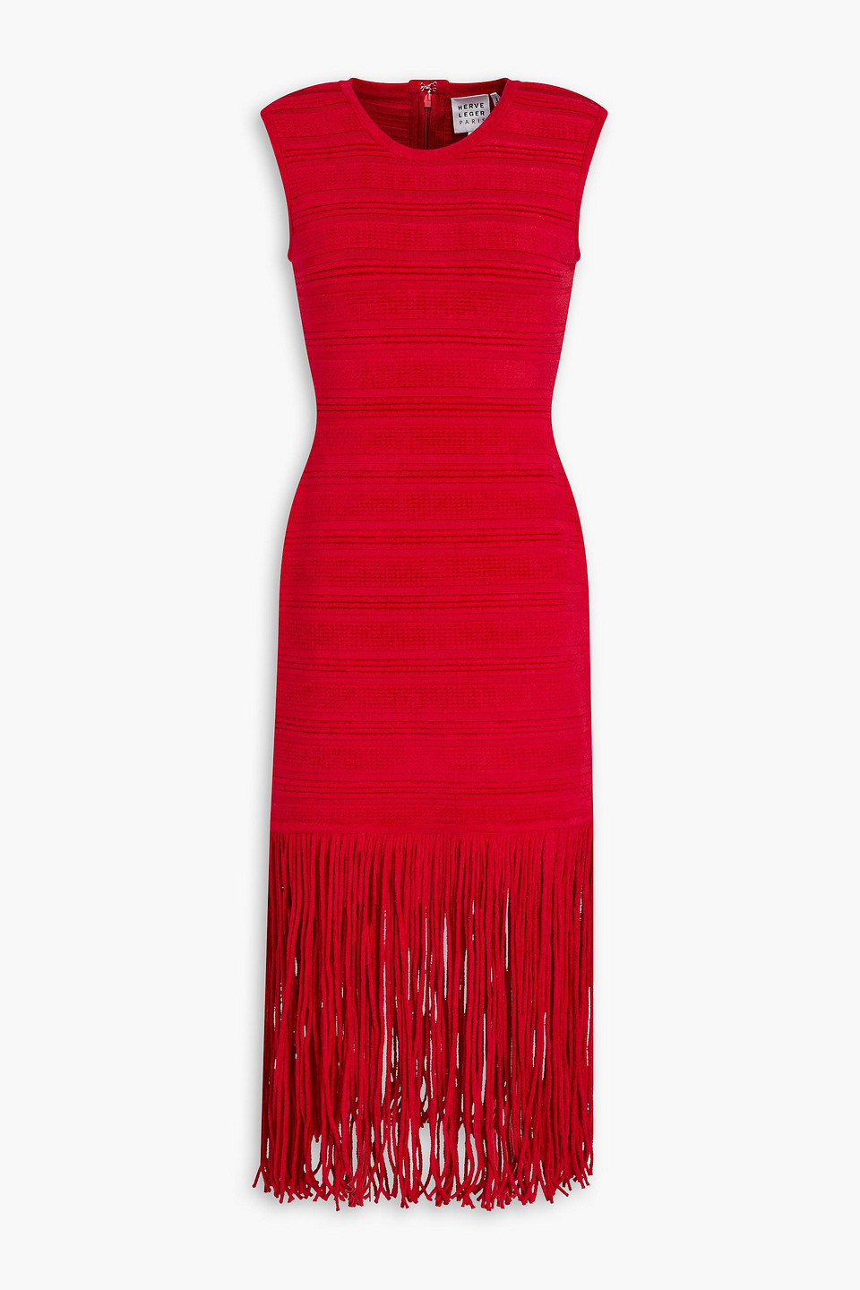 Herve Leger Fringed Textured Chenille Midi Dress In Crimson