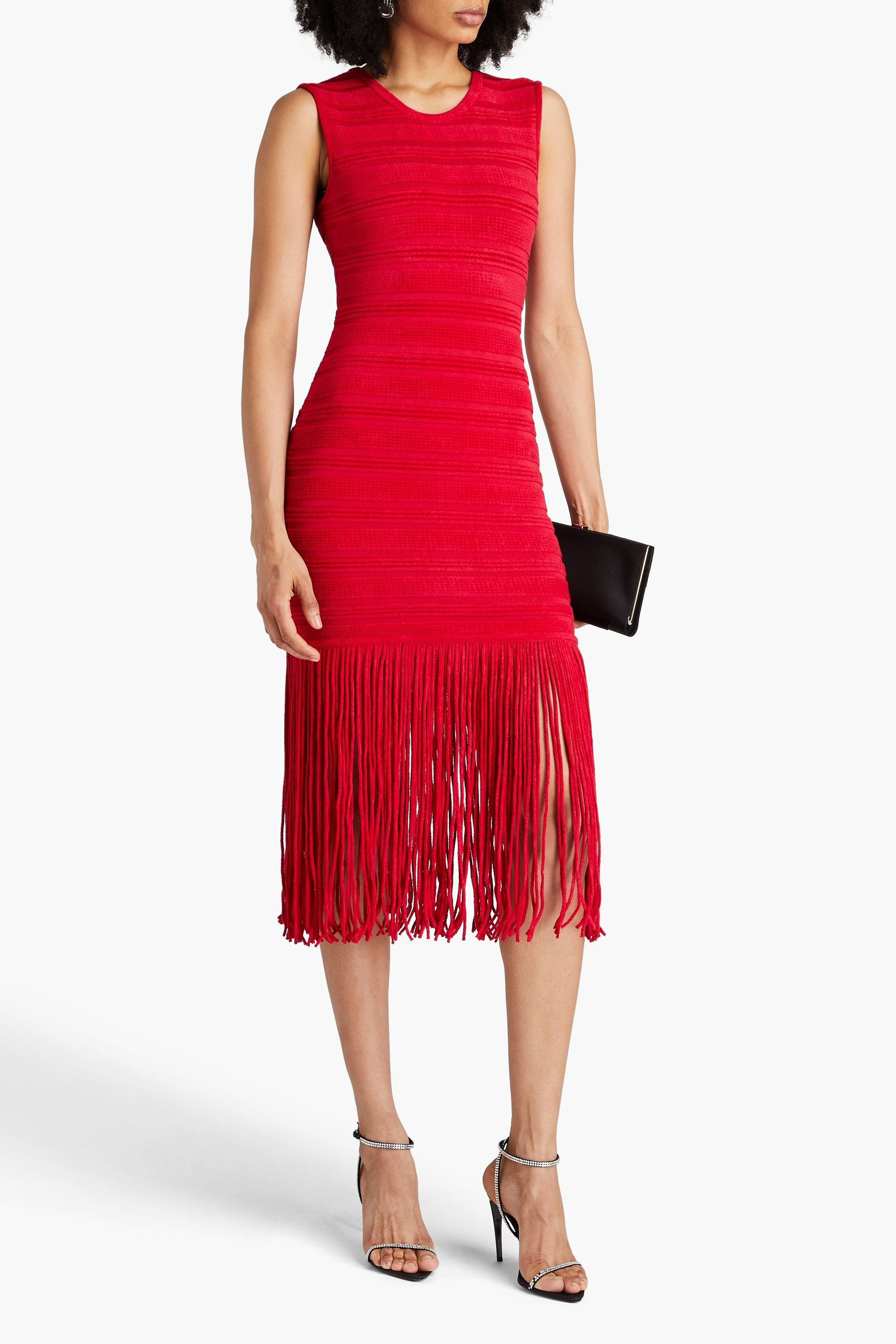 Herve Leger Fringed textured chenille midi dress