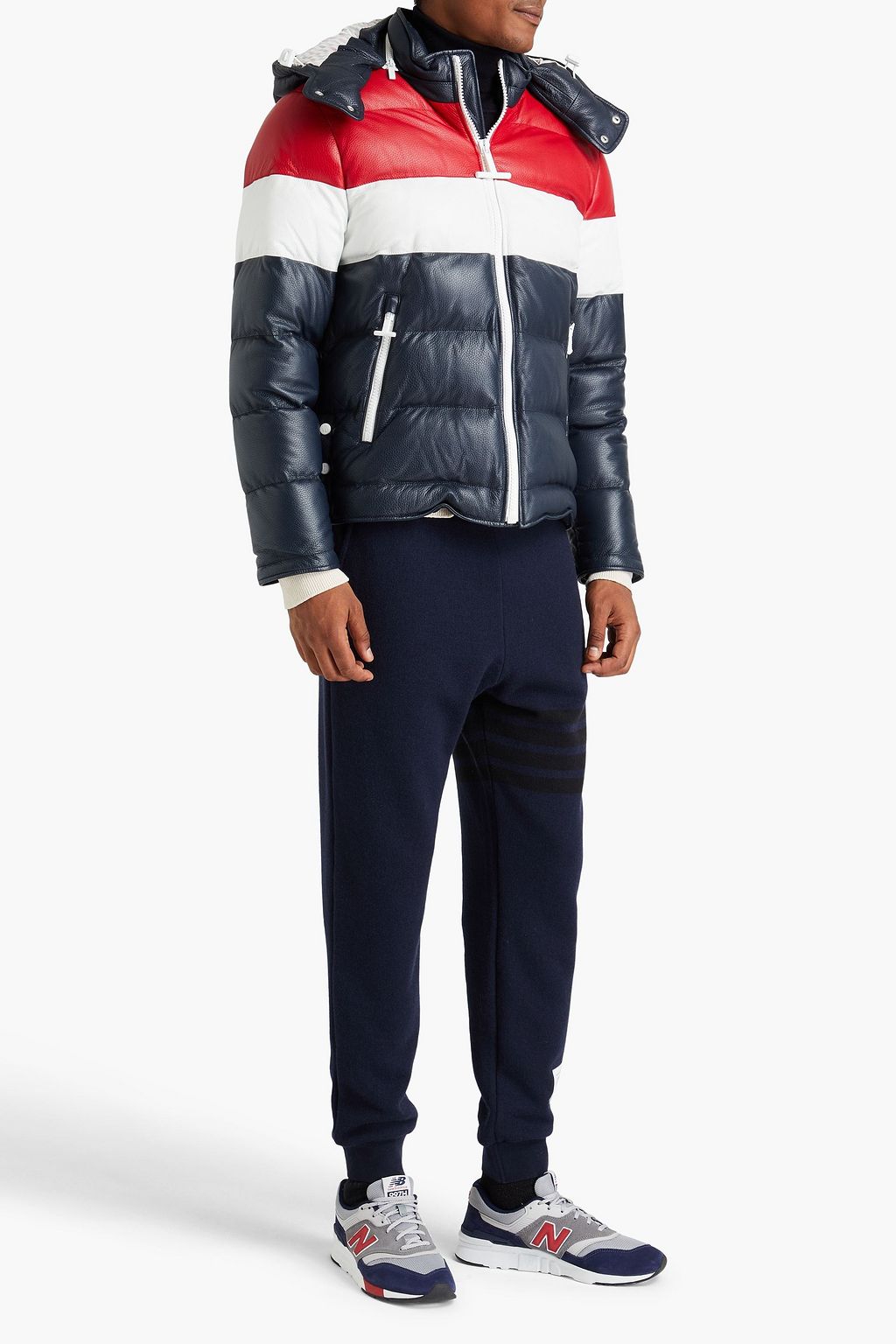 THOM BROWNE Skijacke aus gestepptem Narbenleder mit Kapuze und Daunenfüllung