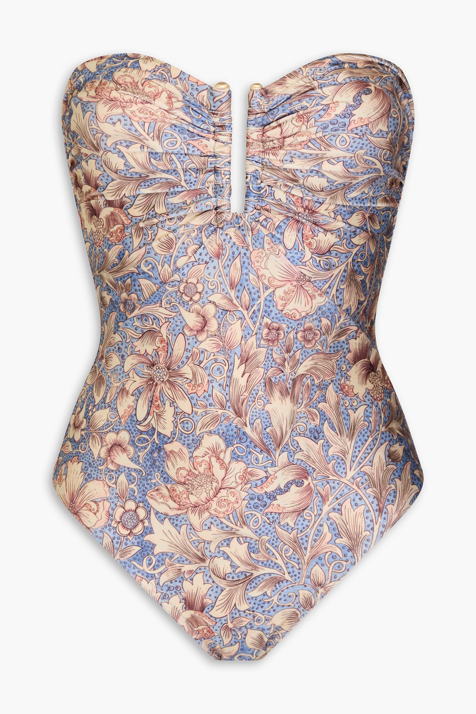 Zimmermann Cutout Ruched Printed Swimsuit In Light Blue