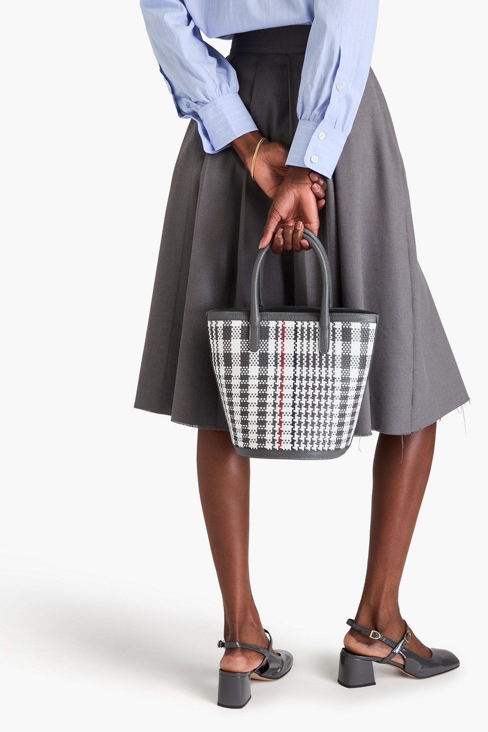 THOM BROWNE CHECKED WOVEN AND PEBBLED-LEATHER BUCKET BAG