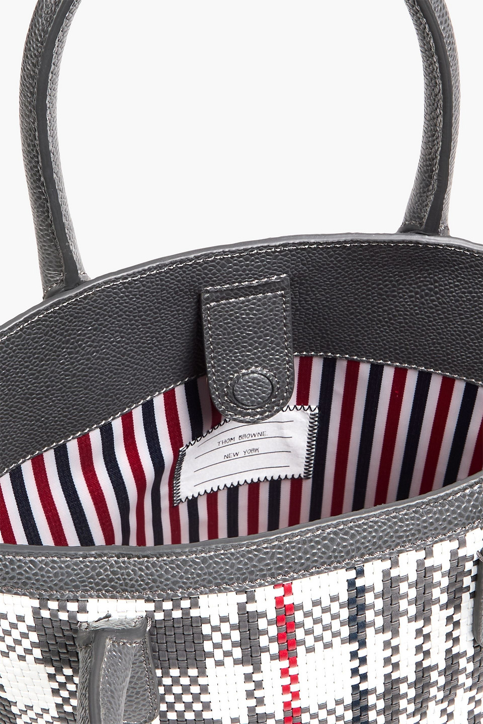 THOM BROWNE CHECKED WOVEN AND PEBBLED-LEATHER BUCKET BAG
