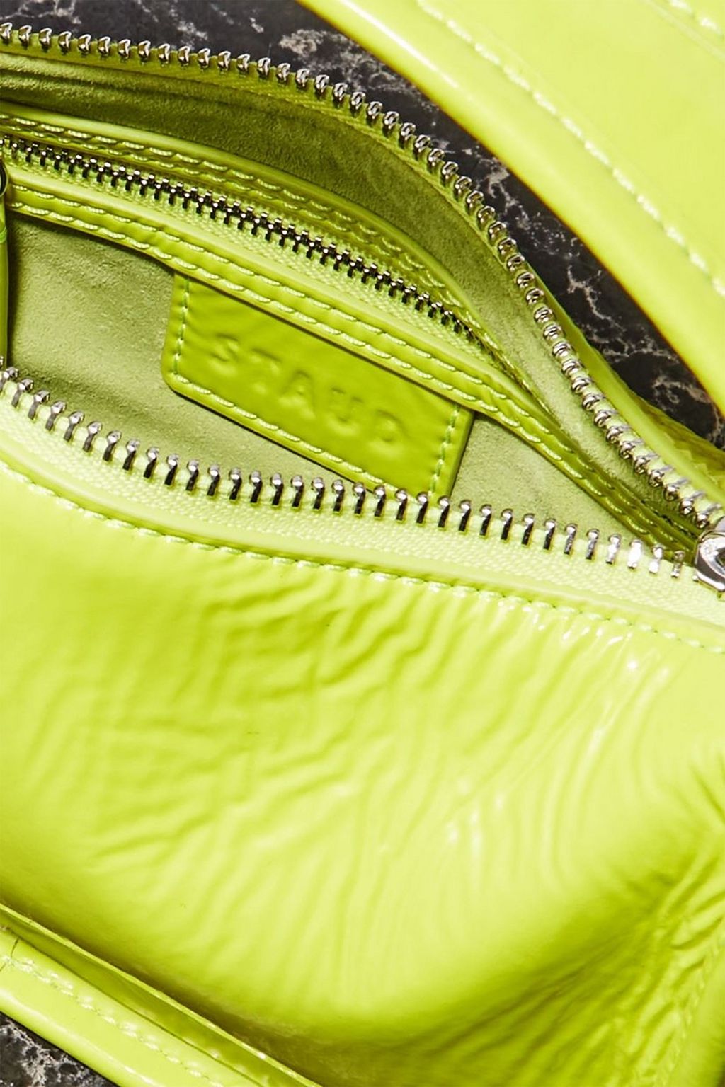 STAUD Venice neon crinkled patent-leather tote