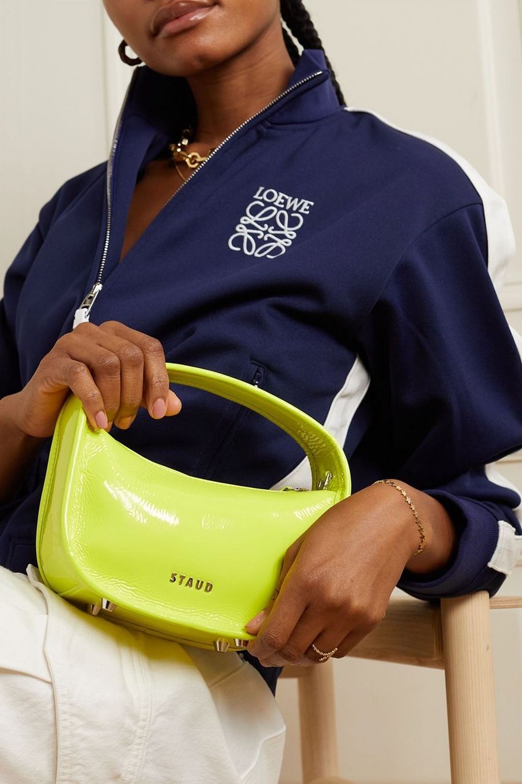 STAUD Venice neon crinkled patent-leather tote