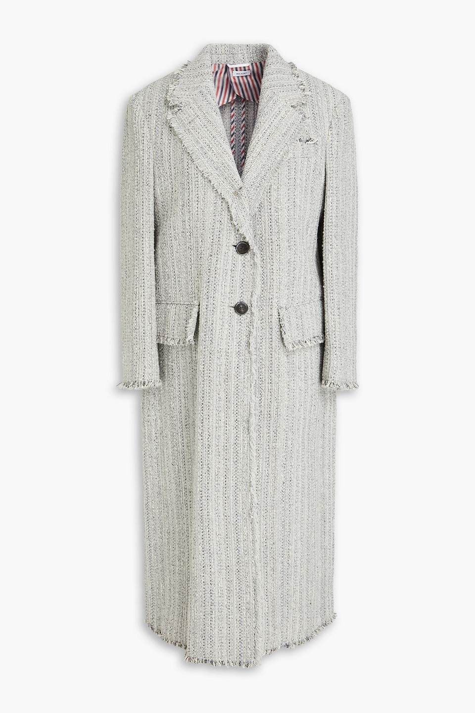 Thom Browne Fringed Tweed Coat In Stone