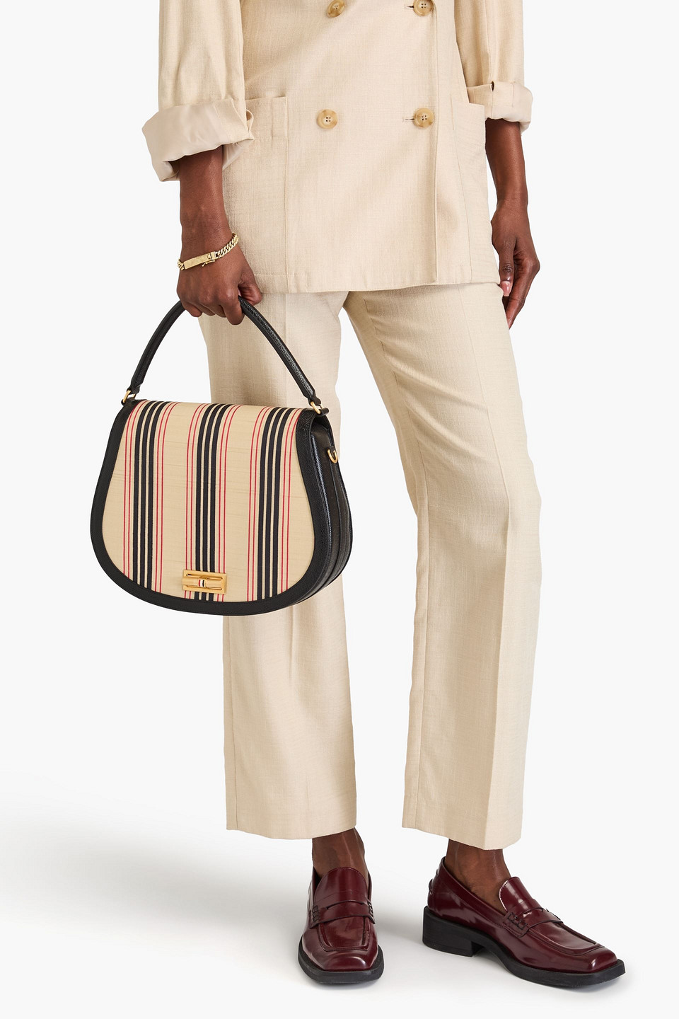 Shop Thom Browne Striped Jacquard And Textured-leather Tote In Midnight Blue