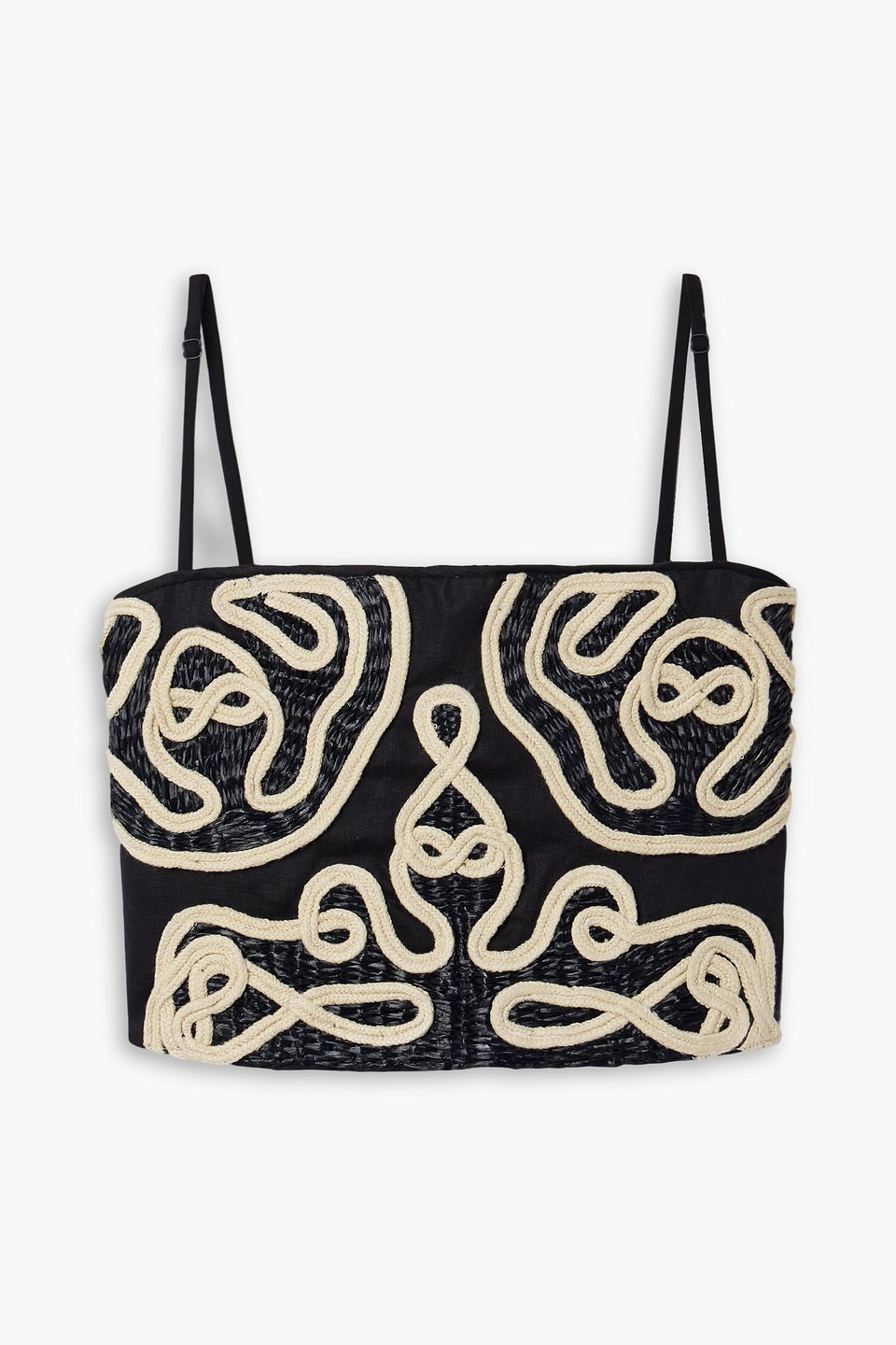 johanna ortiz - boat lines cropped appliquéd straw-trimmed linen top - black - us 0