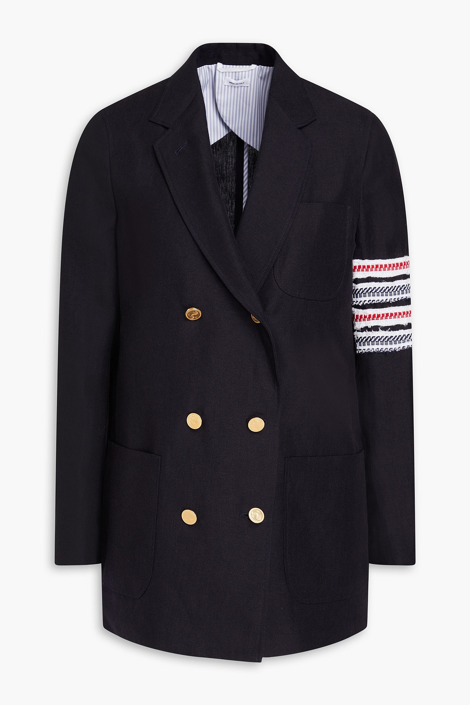 Thom Browne Double-breasted Striped Linen Blazer In Navy