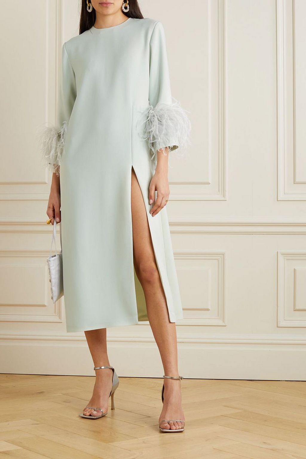 16ARLINGTON Billie feather-trimmed crepe midi dress