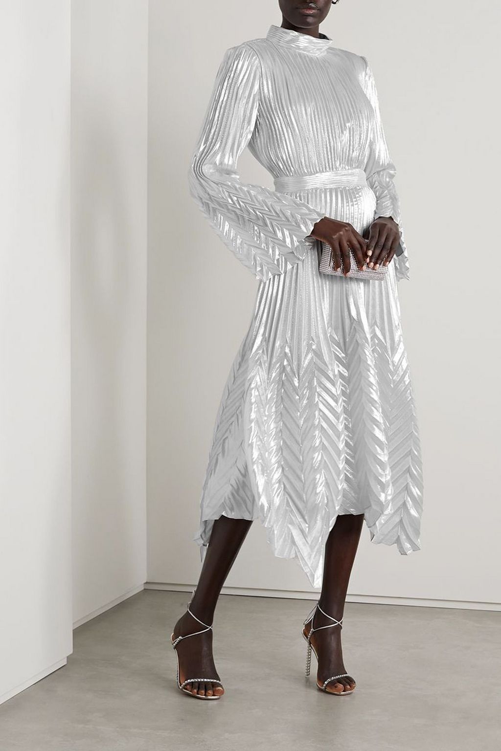 SIMKHAI Masha asymmetric plissé silk and Lurex-blend midi dress