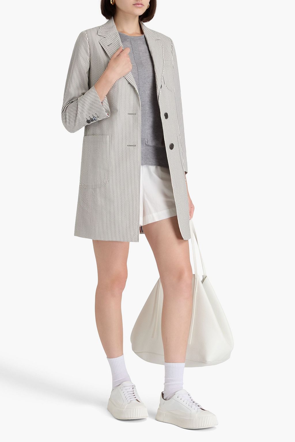 THOM BROWNE معطف مصنوع من نسيج سيرساكر والصوف بتصميم مخطط