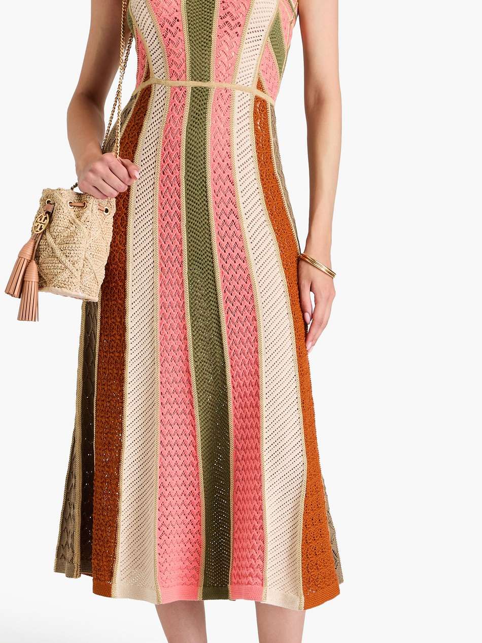 striped crocheted cotton-blend midi dress