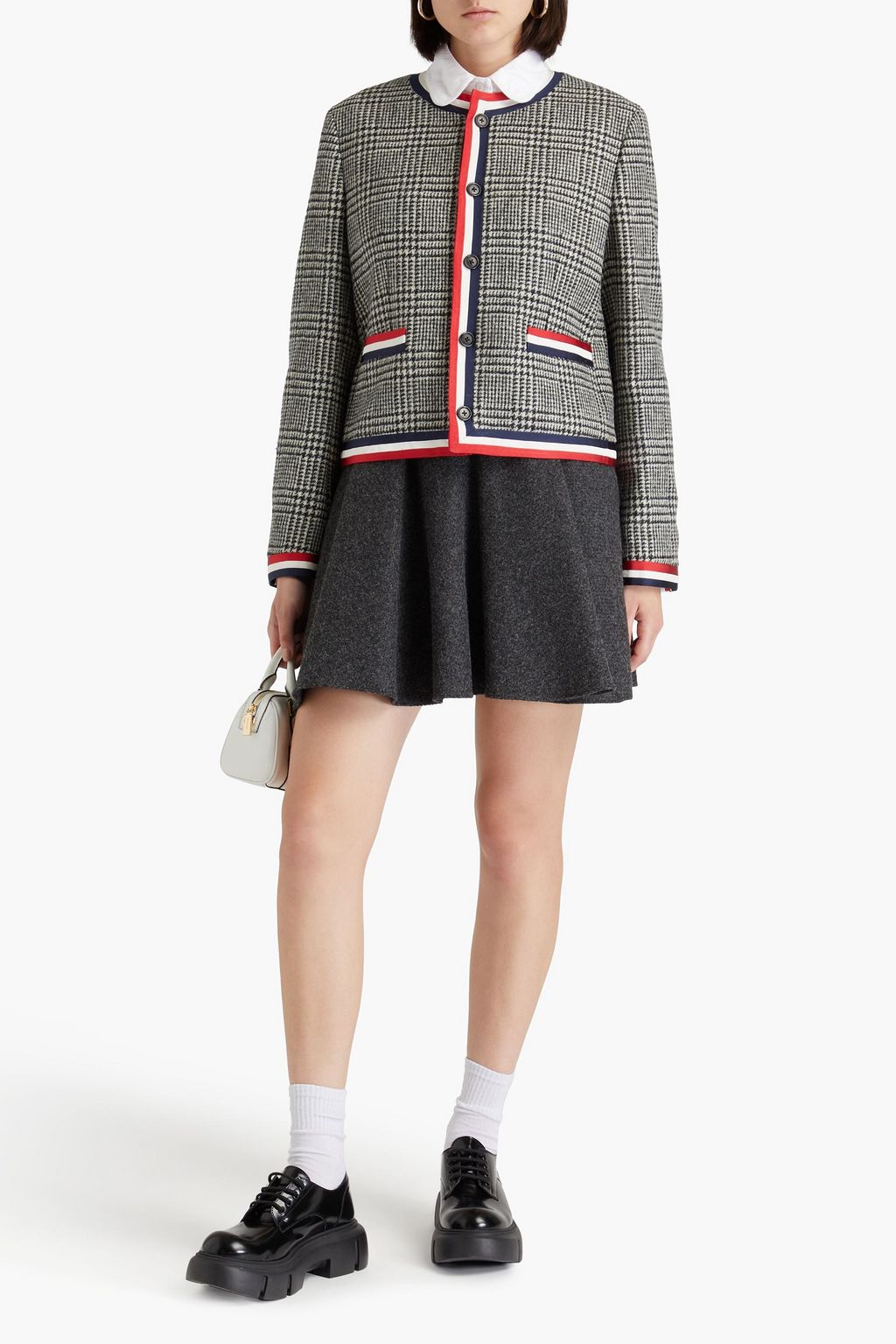 THOM BROWNE جاكيت مصنوع من الصوف ومزين بنقشة مربّعات برنس أوف ويلز وبنقشة مربعات