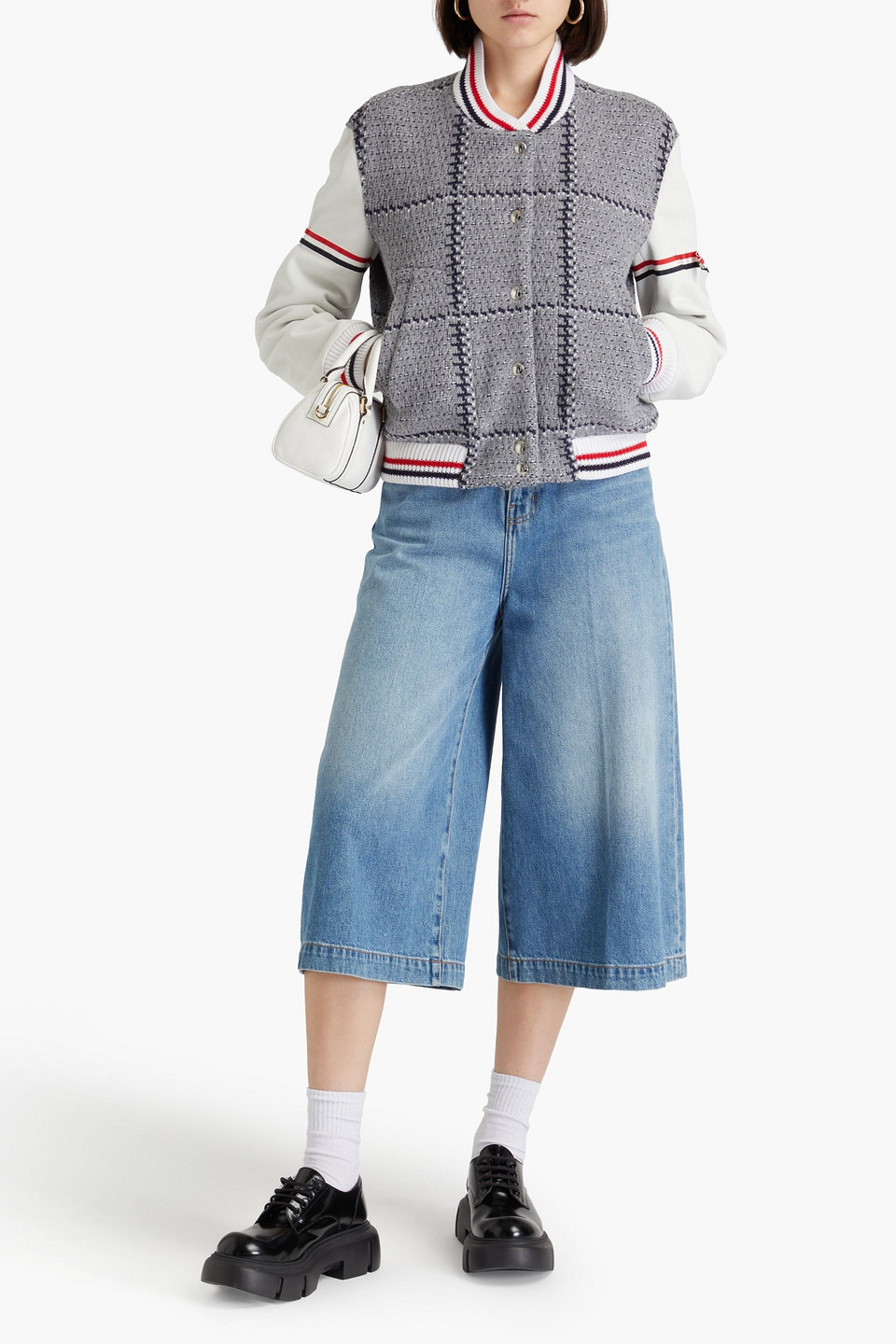  Thom Browne - Bomberjacke Aus Merinowoll-tweed Und Leder Mit Karomuster - Grau - It 36 