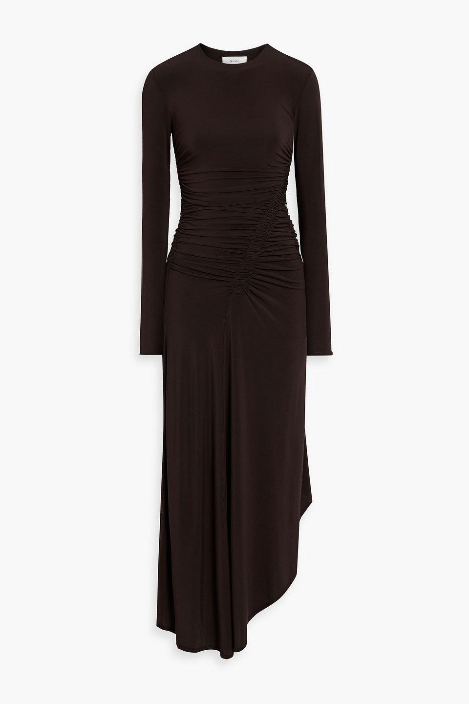 A.l.c Adeline Asymmetric Ruched Stretch-jersey Maxi Dress In Chocolate