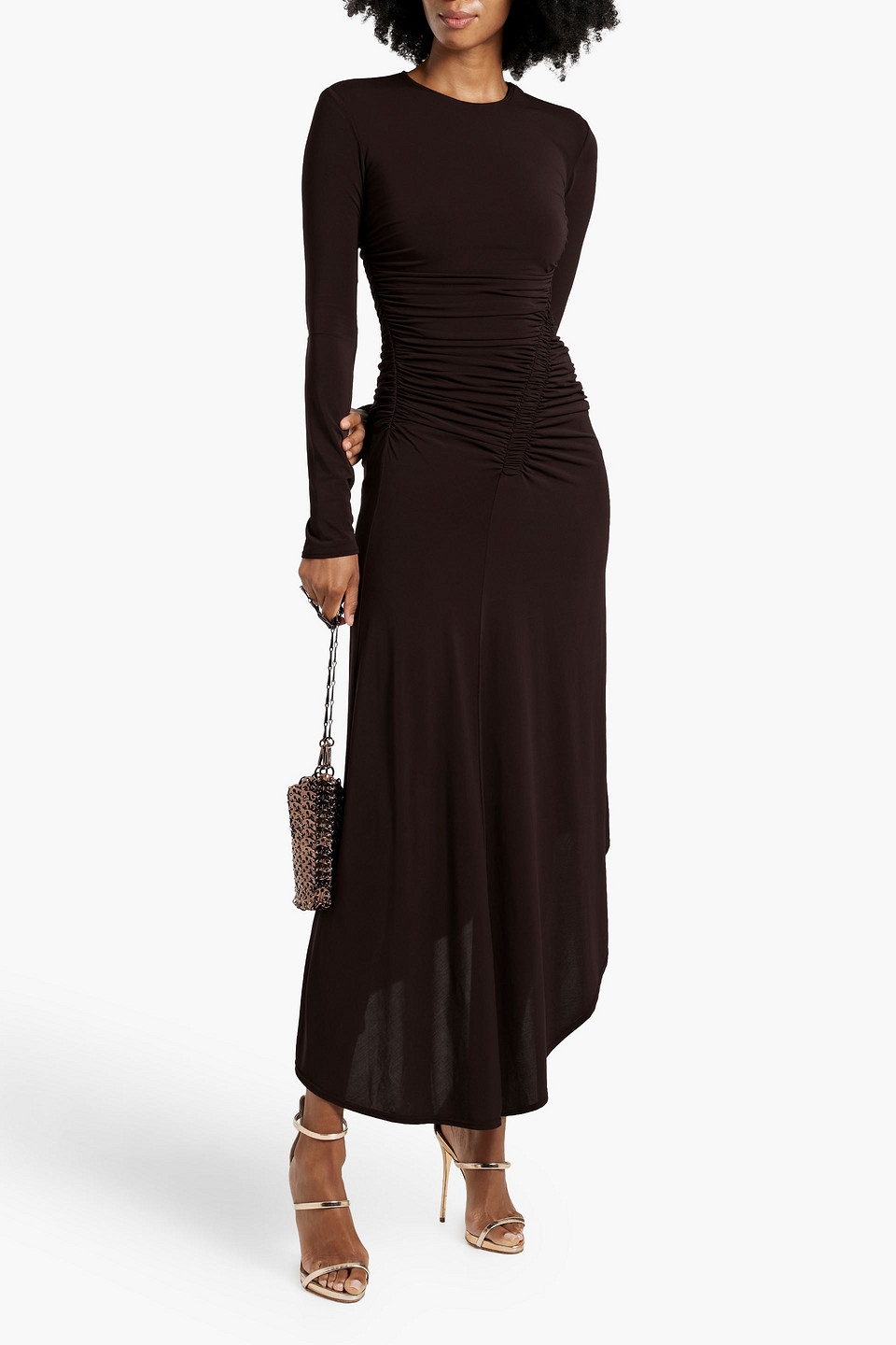 A.l.c Adeline Asymmetric Ruched Stretch-jersey Maxi Dress In Chocolate