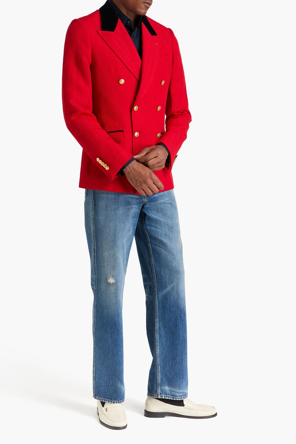 GUCCI Double-breasted herringbone wool and linen-blend blazer
