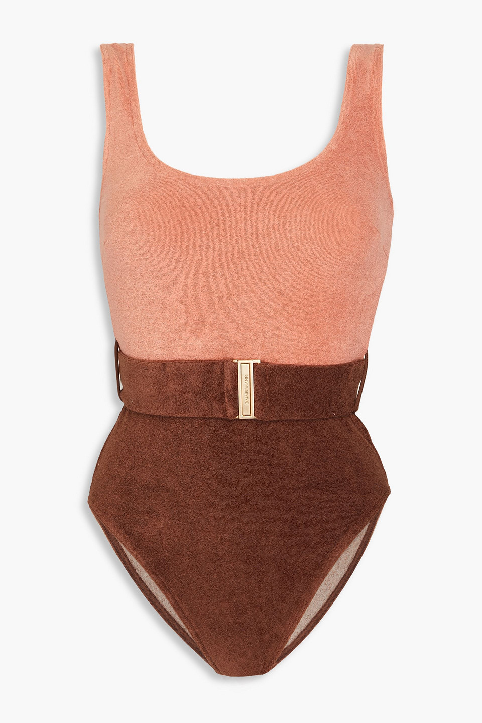 Zimmermann Belted Two-tone Cotton-blend Terry Swimsuit In Antique Rose