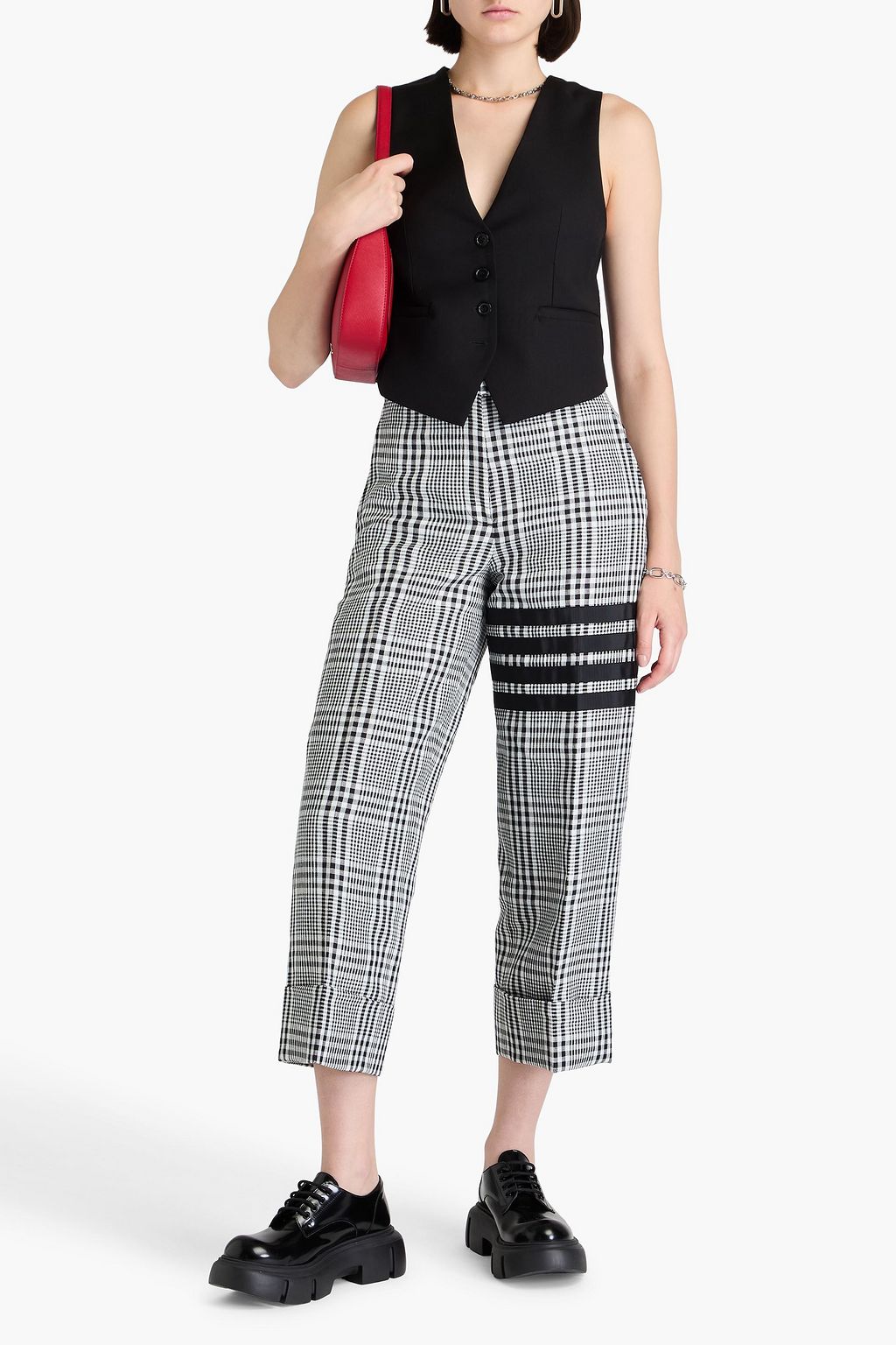 THOM BROWNE Cropped Prince of Wales checked linen straight-leg pants
