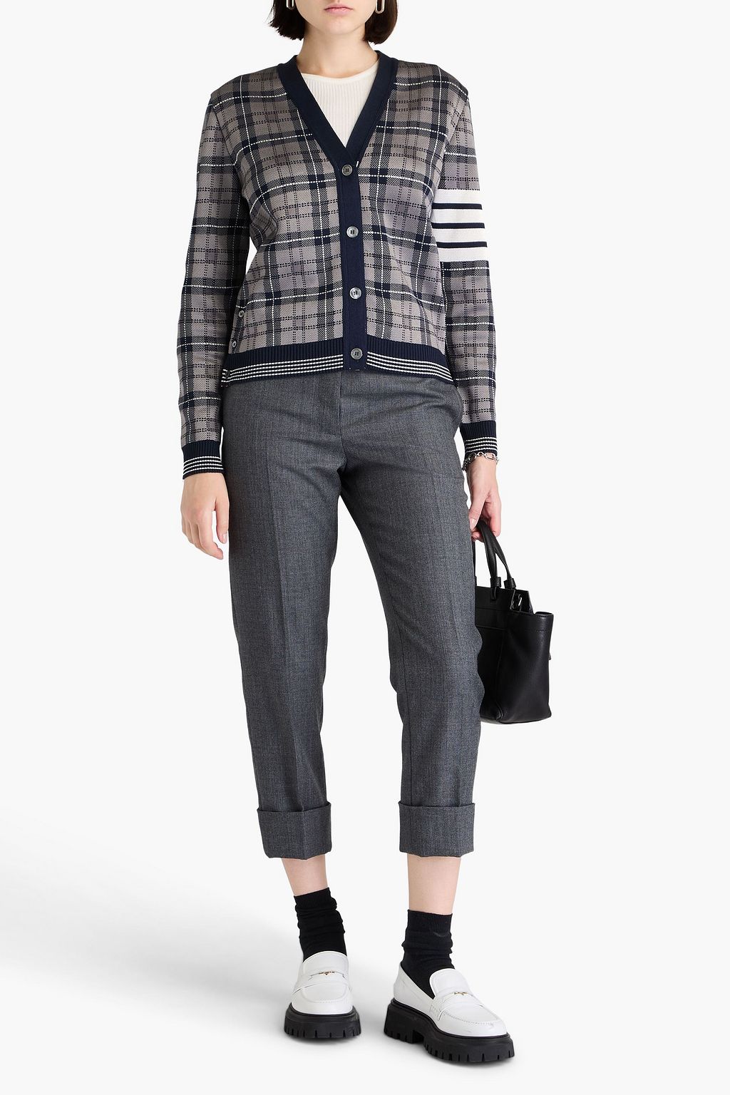 THOM BROWNE كارديغان من نسيج الجاكار ومزيج الحرير بنقشة مربعات