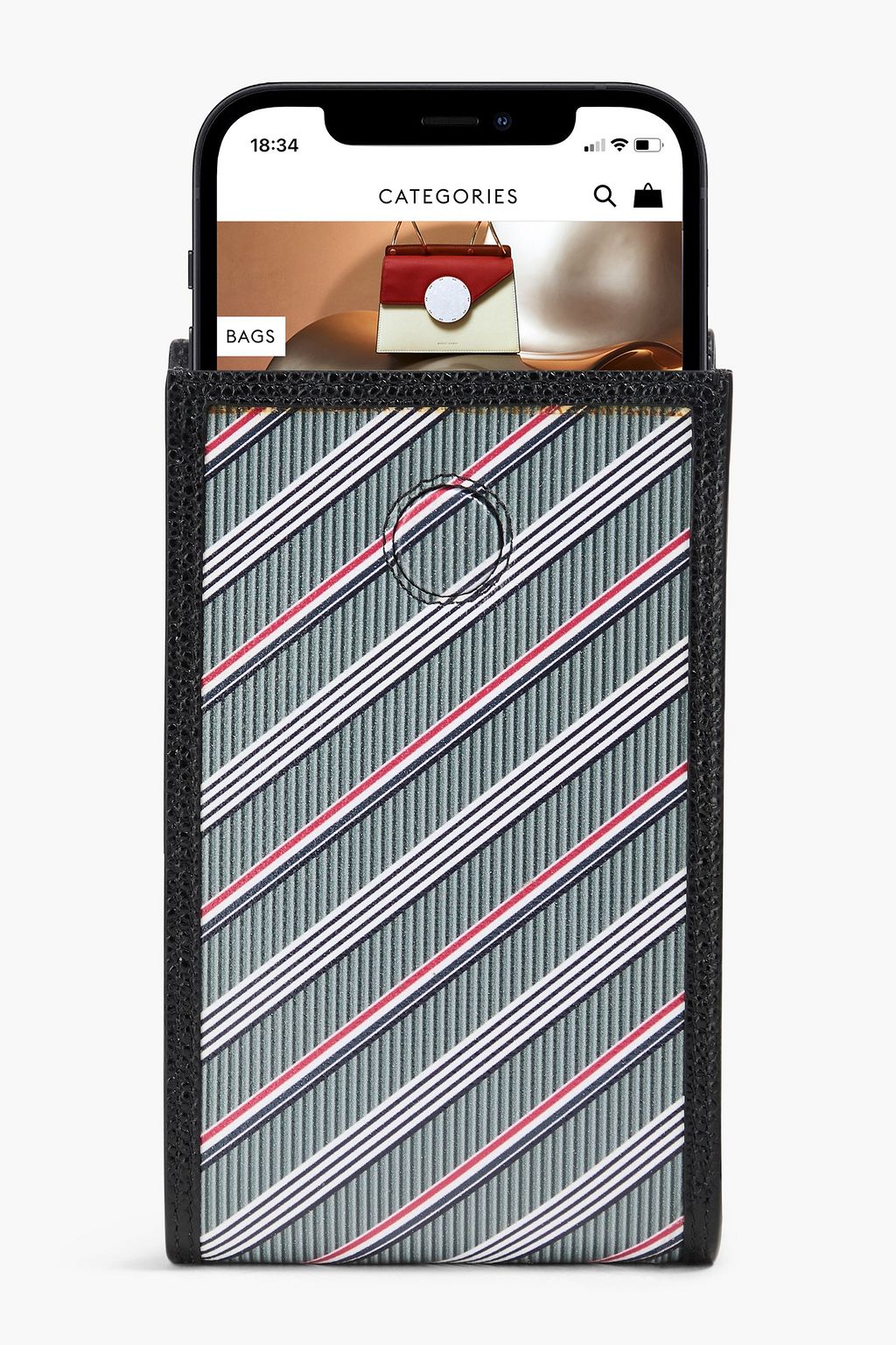 THOM BROWNE حقيبة باوتش للهاتف من الكنفا المطلي بتصميم مخطط