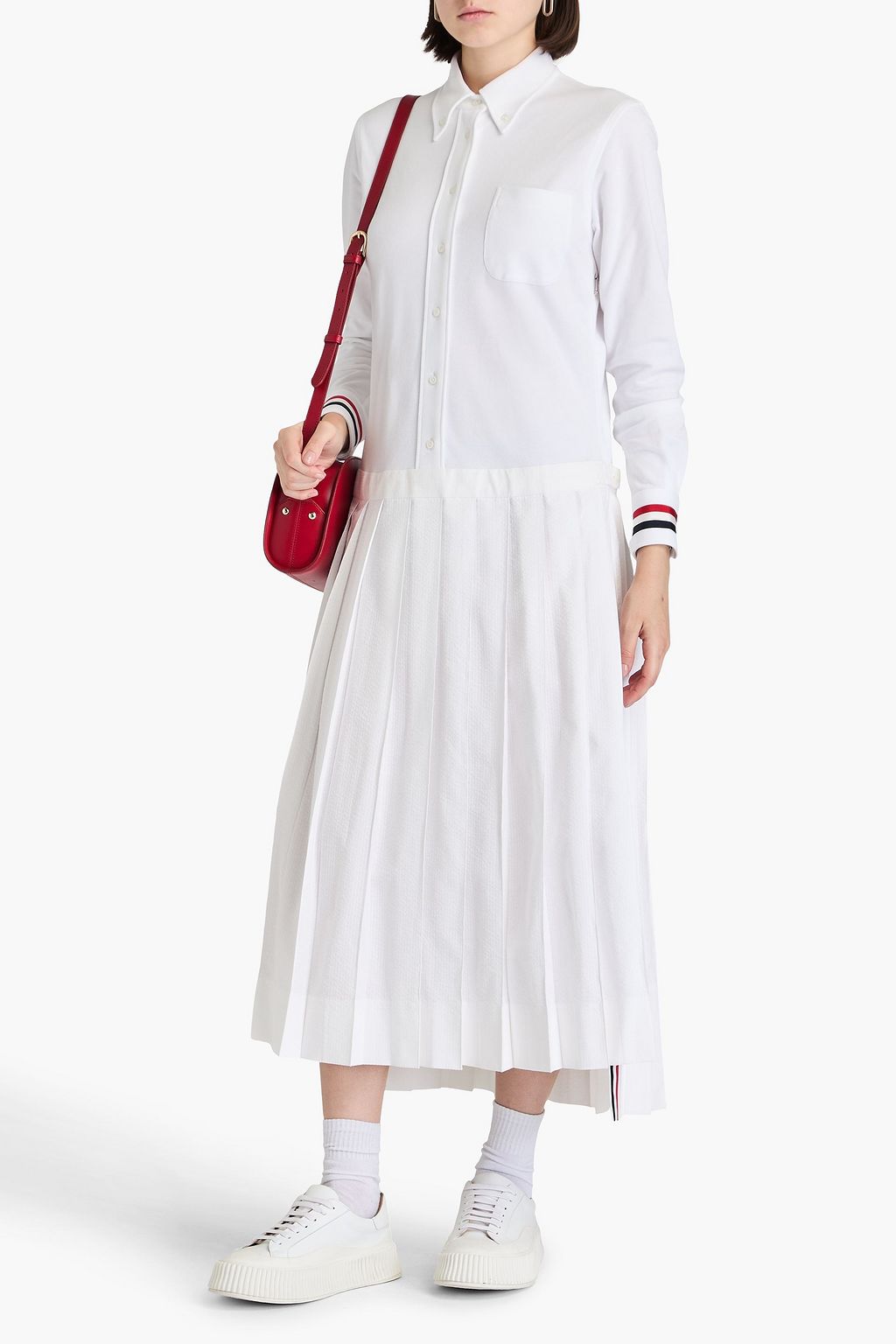 THOM BROWNE Pleated cotton-piqué and seersucker midi shirt dress