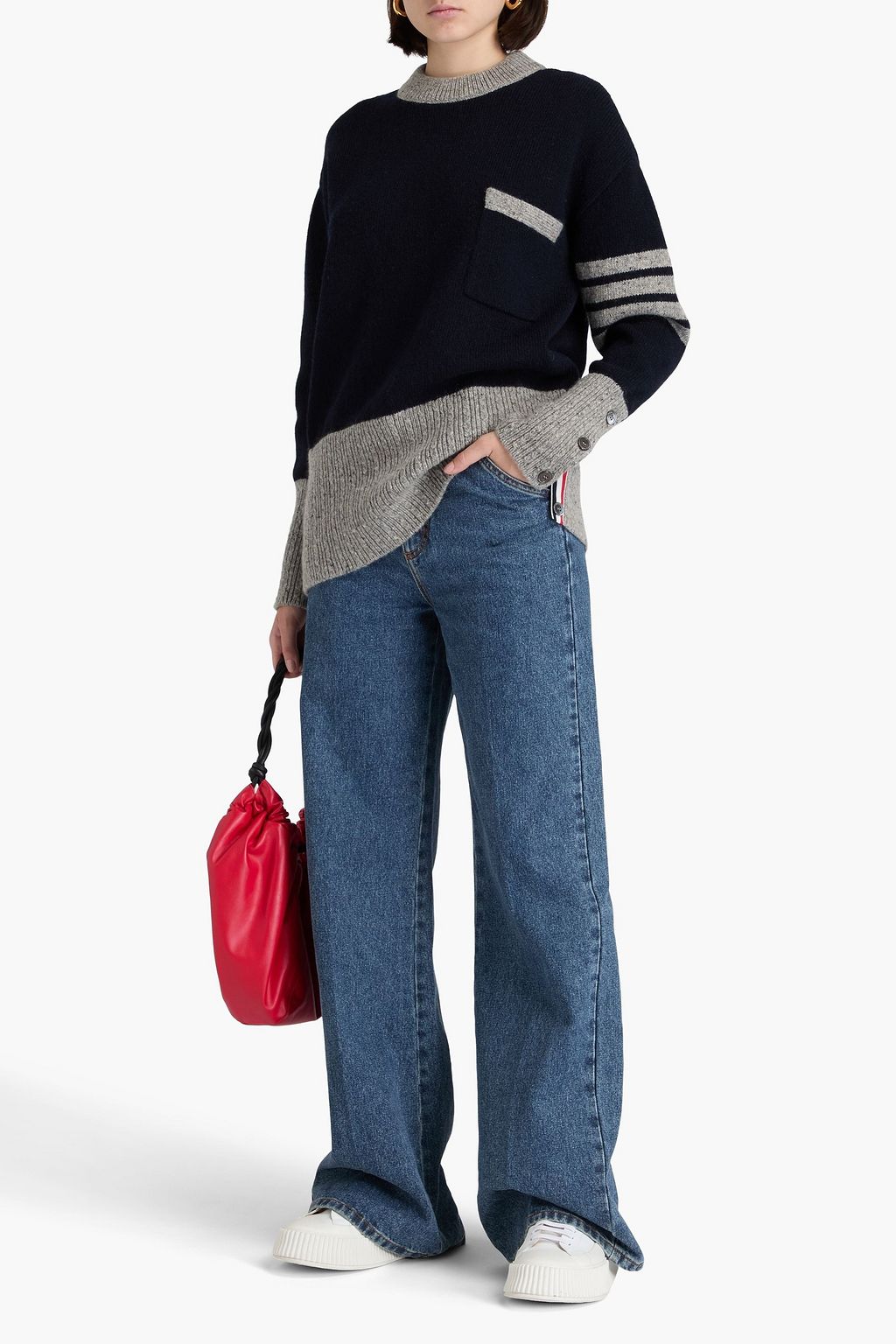 THOM BROWNE كنزة رياضية من مزيج موهير وصوف دونيغال بتصميم مخطط