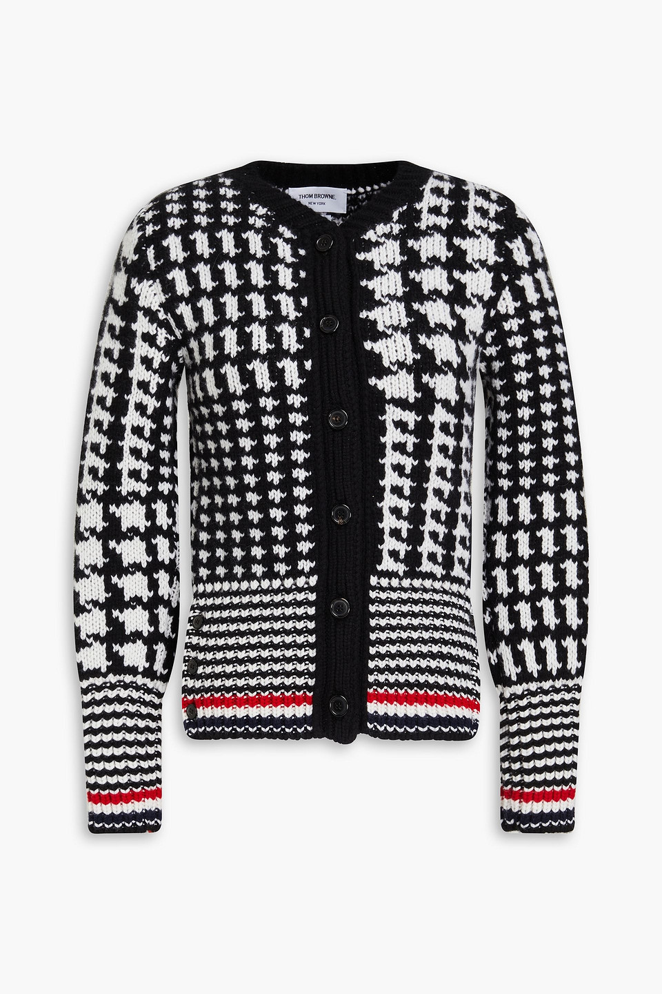 Thom Browne Rwb-stripe Jacquard Cashmere Cardigan In Black