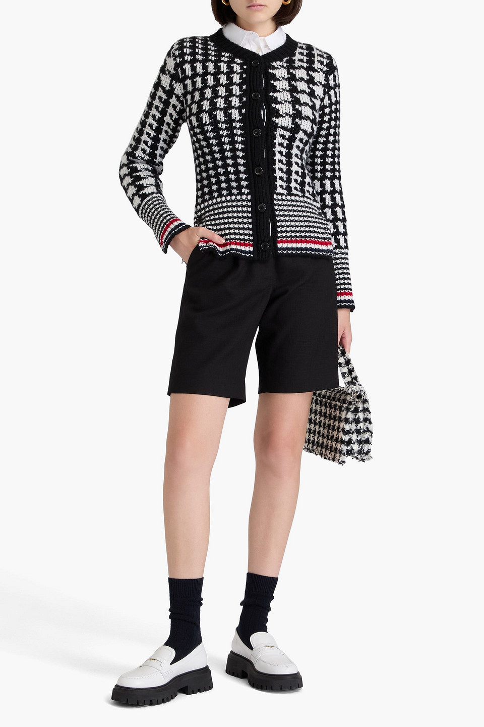 Thom Browne Rwb-stripe Jacquard Cashmere Cardigan In Black