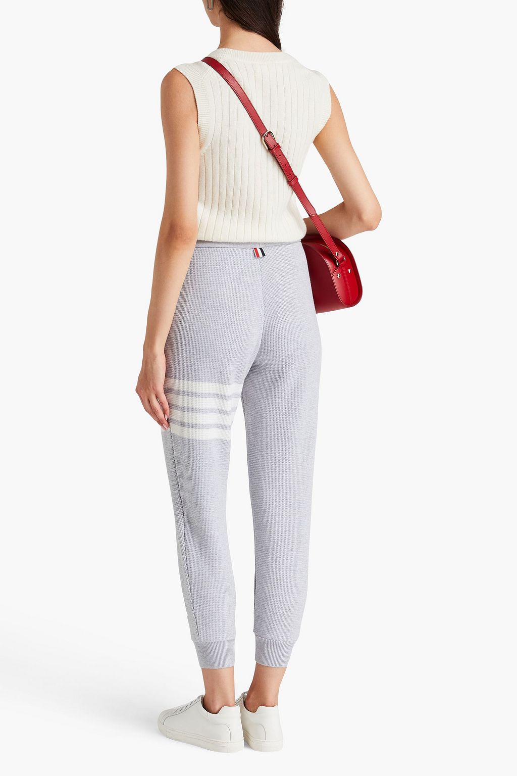 THOM BROWNE بنطال رياضي من مزيج الصوف والكشمير من نسيج محبوك بنمط وافل وبتصميم مخطط