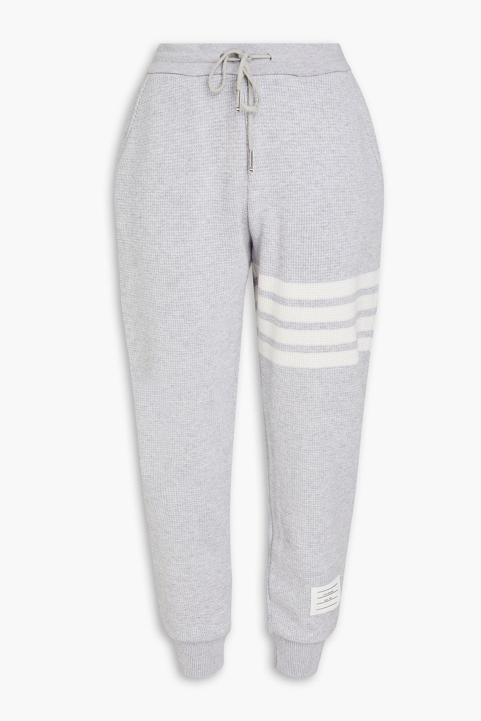 Thom Browne Striped Waffle-knit Cashmere And Wool-blend Track Trousers In Stone