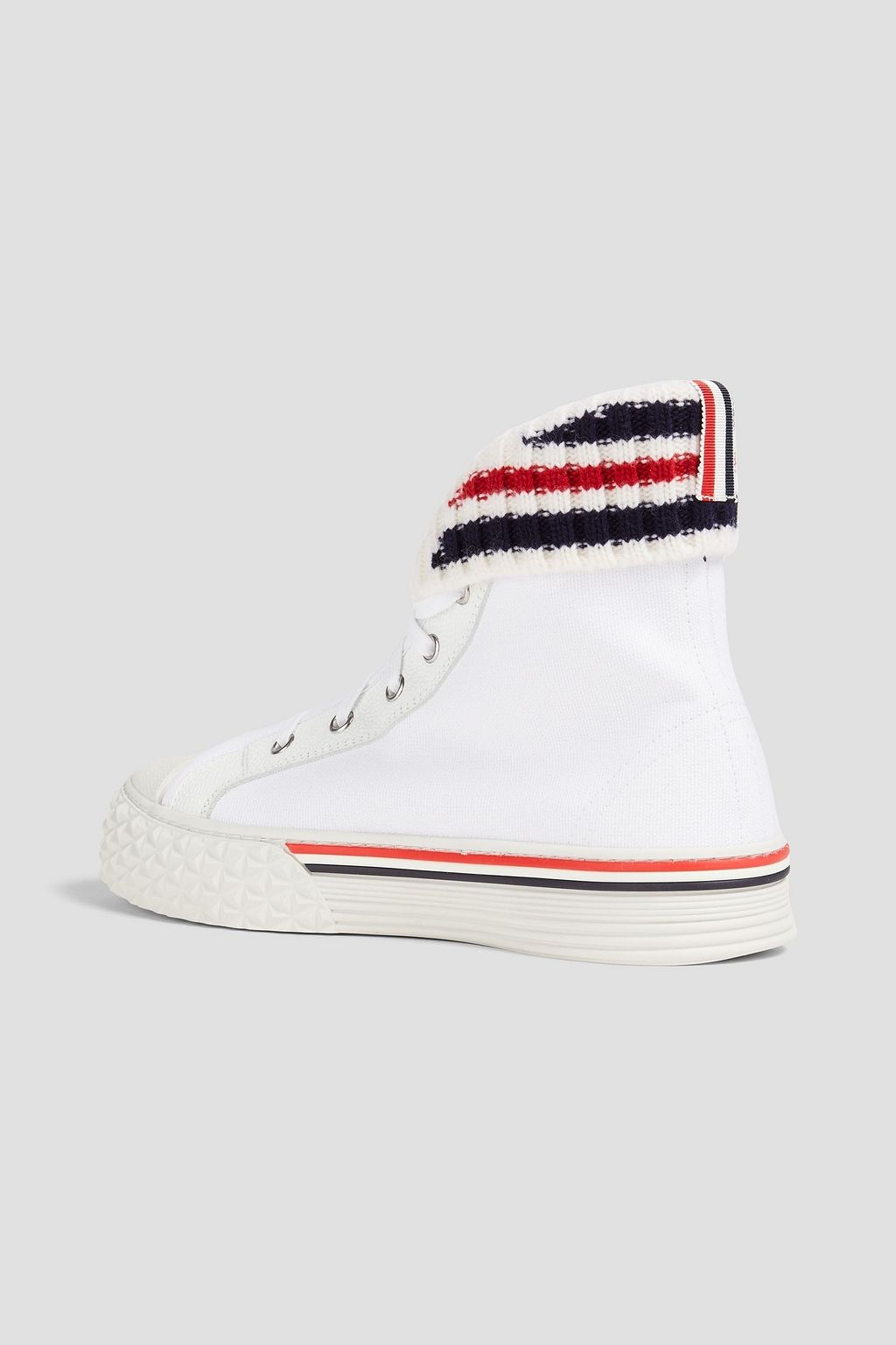 THOM BROWNE حذاء سنيكرز "كوليجيت" برقبة عالية من الكنفا وبتصميم مخطط
