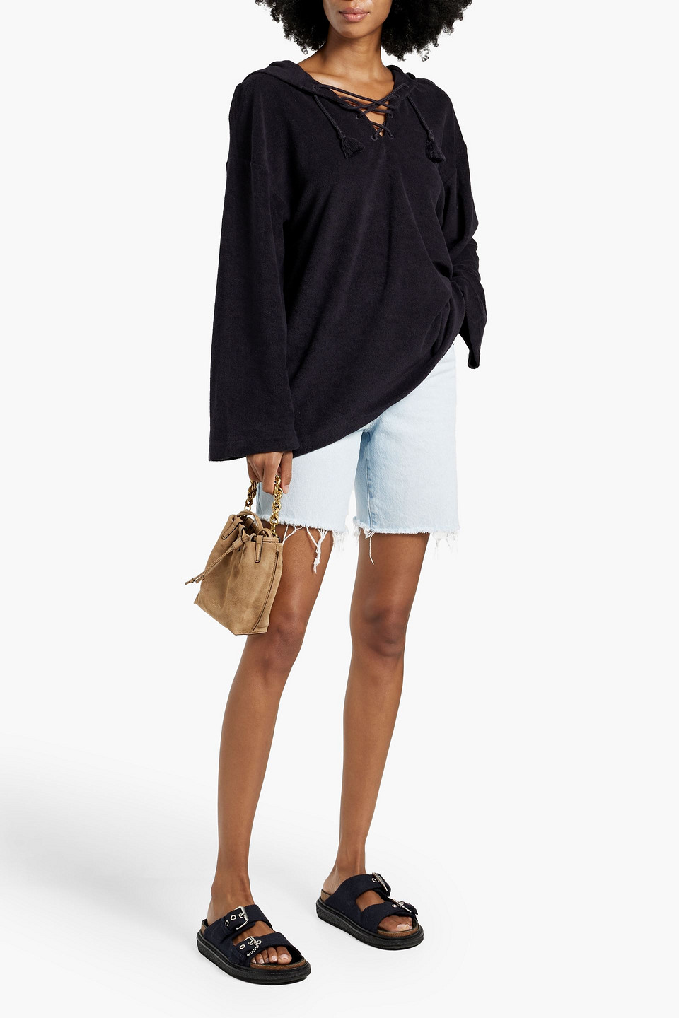 Nili Lotan Henriette Tasseled Cotton-terry Hooded Top In Navy